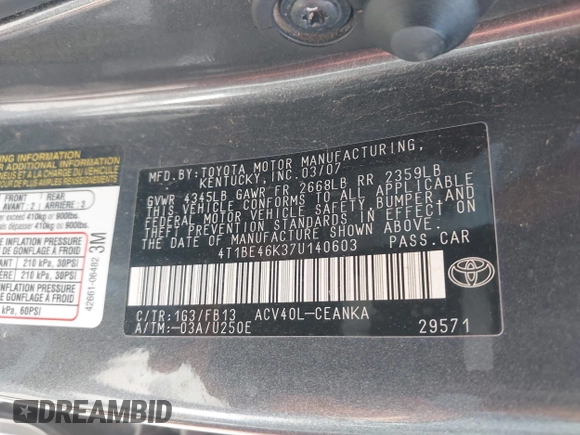 2007 Toyota Camry CE z VIN 4T1BE46K37U140603, wystawiony jako IAAI lot #42305937 z przebiegiem 244 141 mil mil oraz . Historia ofert i sprzedaży dostępna na DreamBid. Obrazek 9.