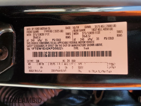 2019 Ford F-150 XL with VIN 1FTEW1E42KFD50221, listed as a Copart auction lot 50900145 with 85,062 mi miles and Salvage Title. Bid and sale history available at carsss.com. Image 15.
