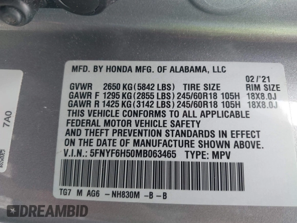 2021 Honda Pilot EX-L with VIN 5FNYF6H50MB063465, listed as a IAAI auction lot 42160636 with 28,595 mi miles and . Bid and sale history available at DreamBid. Image 9.