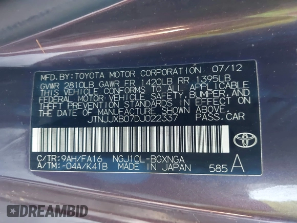 2013 Scion iQ with VIN JTNJJXB07DJ022337, listed as a IAAI auction lot 41507619 with Not provided miles and . Bid and sale history available at DreamBid. Image 9.