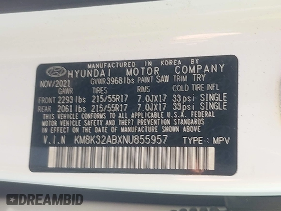 2022 Hyundai Kona SEL with VIN KM8K32ABXNU855957, listed as a IAAI auction lot 41004984 with 69,179 mi miles. Bid and sale history available at carsss.com. Image 9.