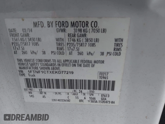 2014 Ford F-150 XL with VIN 1FTNF1CTXEKD77219, listed as a IAAI auction lot 42777146 with 141,338 mi miles and . Bid and sale history available at DreamBid. Image 9.