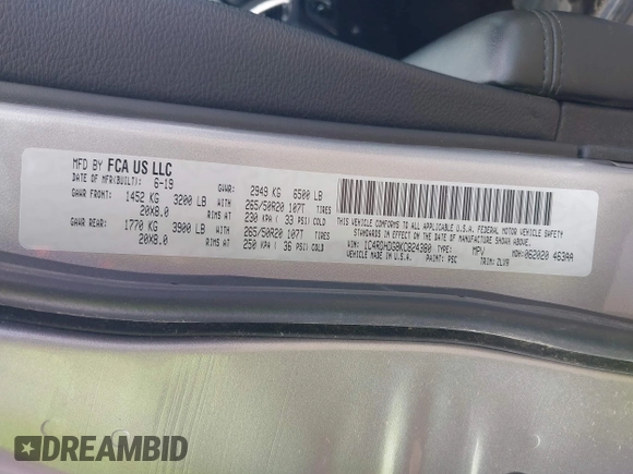 2019 Dodge Durango GT Plus with VIN 1C4RDHDG8KC824380, listed as a IAAI auction lot 42285725 with 126,659 mi miles and . Bid and sale history available at DreamBid. Image 9.