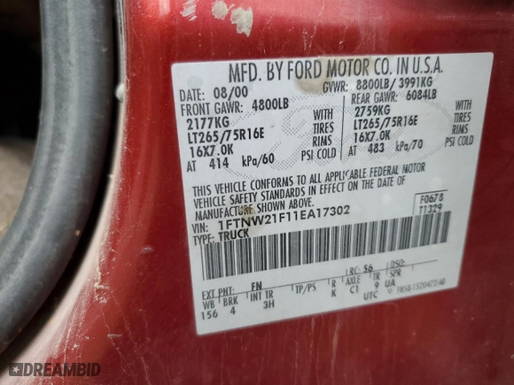2001 Ford Super Duty F-250 XL with VIN 1FTNW21F11EA17302, listed as a Copart auction lot 49493765 with 331,654 mi miles and Salvage Title. Bid and sale history available at carsss.com. Image 12.