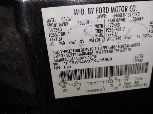 2007 Ford F-150 XLT with VIN 1FTRW14WX7KD15669, listed as a IAAI auction lot 42536203 with 204,479 mi miles and . Bid and sale history available at DreamBid. Image 9.