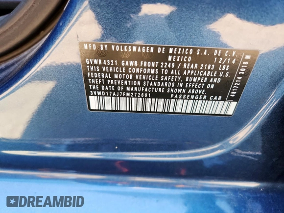 2015 Volkswagen Jetta SE with VIN 3VWD17AJ7FM272661, listed as a Copart auction lot 61285255 with 113,334 mi miles and Salvage title. Bid and sale history available at DreamBid. Image 12.