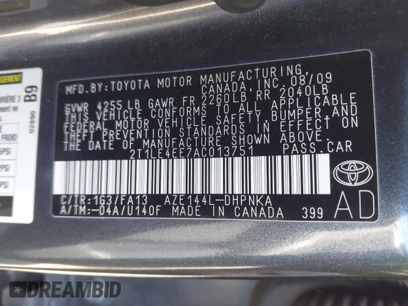 2010 Toyota Matrix S with VIN 2T1LE4EE7AC013751, listed as a IAAI auction lot 41999957 with 196,530 mi miles and . Bid and sale history available at DreamBid. Image 9.
