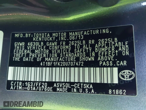2013 Toyota Camry L with VIN 4T1BF1FK2DU707472, listed as a IAAI auction lot 41497251 with 115,250 mi miles. Bid and sale history available at carsss.com. Image 9.