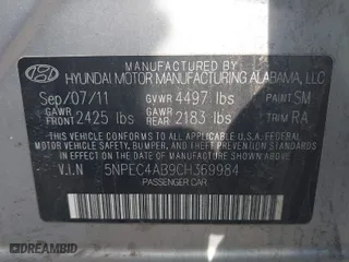 2012 Hyundai Sonata 2.0T SE with VIN 5NPEC4AB9CH369984, listed as a IAAI auction lot 42087247 with 110,409 mi miles. Bid and sale history available at carsss.com. Image 9.