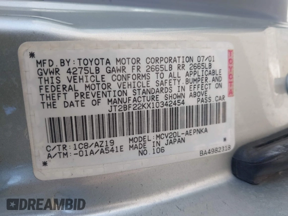 2001 Toyota Camry LE z VIN JT2BF22KX10342454, wystawiony jako IAAI lot #41939743 z przebiegiem 124 045 mil mil oraz . Historia ofert i sprzedaży dostępna na DreamBid. Obrazek 9.