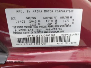 2003 Mazda MX-5 Miata Cloth z VIN JM1NB353X30308589, wystawiony jako IAAI lot #41454795 z przebiegiem 110 940 mil mil oraz . Historia ofert i sprzedaży dostępna na DreamBid. Obrazek 9.