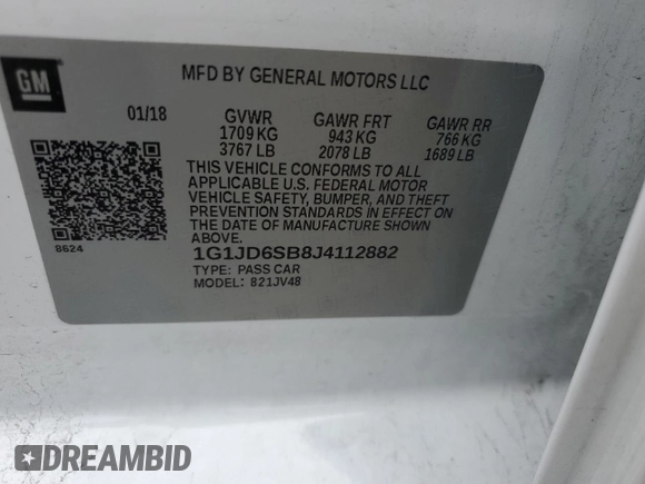 2018 Chevrolet Sonic LT z VIN 1G1JD6SB8J4112882, wystawiony jako Copart lot #50329714 z przebiegiem 92 192 mil mil oraz Szkoda całkowita • Salvage title. Historia ofert i sprzedaży dostępna na DreamBid. Obrazek 14.