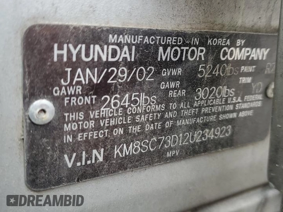 2002 Hyundai Santa Fe GLS with VIN KM8SC73D12U234923, listed as a Copart auction lot 49967425 with 180,125 mi miles and Salvage Title. Bid and sale history available at carsss.com. Image 13.