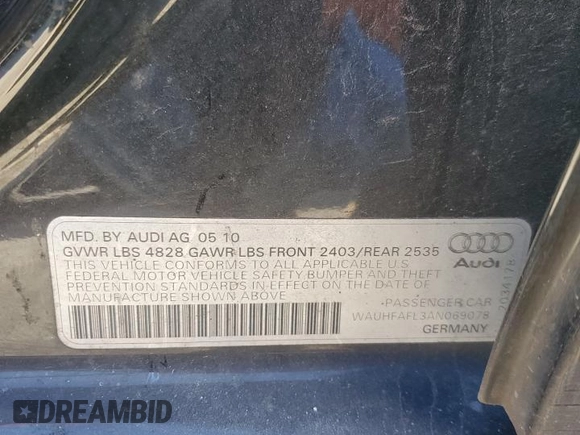 2010 Audi A4 2.0T Premium Plus with VIN WAUHFAFL3AN069078, listed as a Copart auction lot 73668234 with 232,679 mi miles and Salvage Title. Bid and sale history available at carsss.com. Image 12.