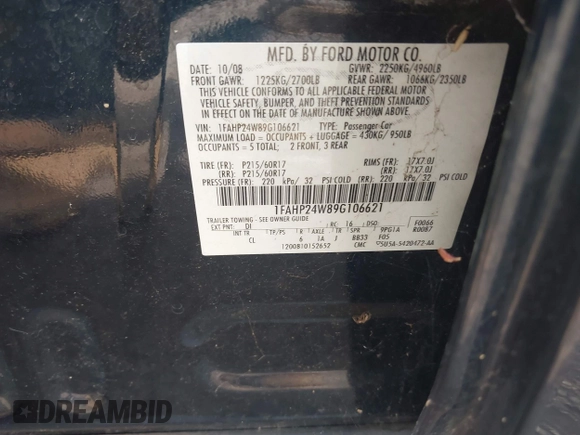 2009 Ford Taurus SEL with VIN 1FAHP24W89G106621, listed as a IAAI auction lot 42209803 with 60,373 mi miles. Bid and sale history available at carsss.com. Image 9.