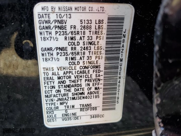 2014 Nissan Murano SL with VIN JN8AZ1MU3EW402195, listed as a Copart auction lot 52236175 with 170,352 mi miles and Salvage Title. Bid and sale history available at carsss.com. Image 15.