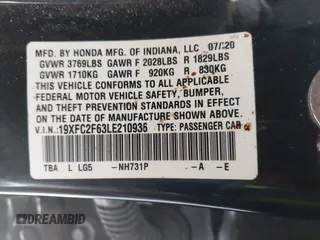 2020 Honda Civic LX с VIN 19XFC2F63LE210936, выставлен на аукционе IAAI как лот 42163809 с пробегом 89 955 миль миль и . История ставок и продаж доступна на DreamBid. Изображение 9.
