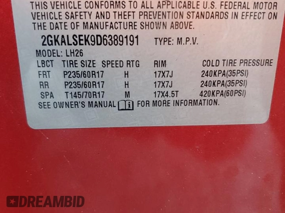2013 GMC Terrain SLE z VIN 2GKALSEK9D6389191, wystawiony jako Copart lot #57273585 z przebiegiem 69 652 mil mil oraz Szkoda całkowita • Salvage title. Historia ofert i sprzedaży dostępna na DreamBid. Obrazek 14.