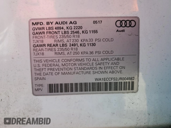 2018 Audi Q3 Premium with VIN WA1ECCFS2JR004582, listed as a Copart auction lot 36245483 with 78,437 mi miles. Bid and sale history available at carsss.com. Image 13.