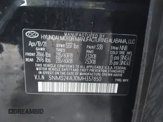 2021 Hyundai Santa Fe SEL with VIN 5NMS24AJ0MH357850, listed as a IAAI auction lot 41207381 with 123,584 mi miles. Bid and sale history available at carsss.com. Image 9.