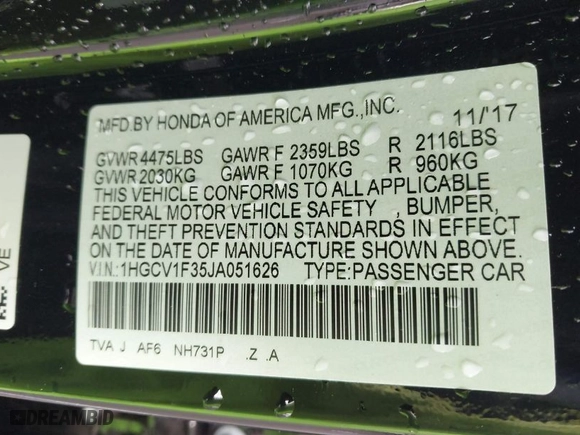 2018 Honda Accord Sedan Sport 1.5T with VIN 1HGCV1F35JA051626, listed as a IAAI auction lot 41742556 with 122,474 mi miles. Bid and sale history available at carsss.com. Image 9.