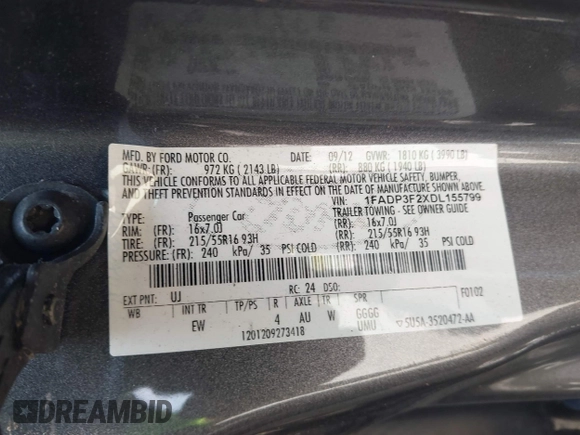 2013 Ford Focus SE with VIN 1FADP3F2XDL155799, listed as a IAAI auction lot 42338358 with 160,812 mi miles and . Bid and sale history available at DreamBid. Image 9.