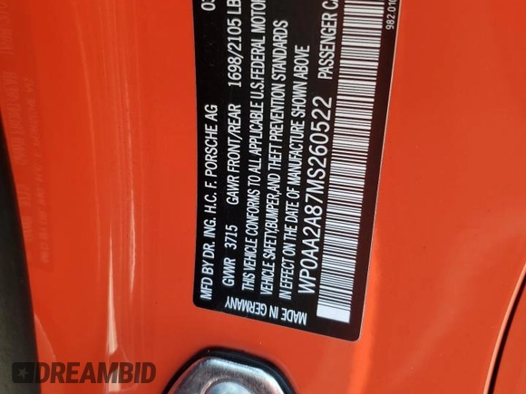 2021 Porsche 718 Cayman z VIN WP0AA2A87MS260522, wystawiony jako Copart lot #70483854 z przebiegiem 5 117 mil mil oraz Szkoda całkowita • Salvage title. Historia ofert i sprzedaży dostępna na DreamBid. Obrazek 12.