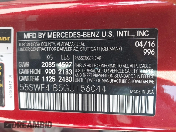 2016 Mercedes-Benz C 300 with VIN 55SWF4JB5GU156044, listed as a IAAI auction lot 41701191 with 77,056 mi miles and . Bid and sale history available at DreamBid. Image 9.