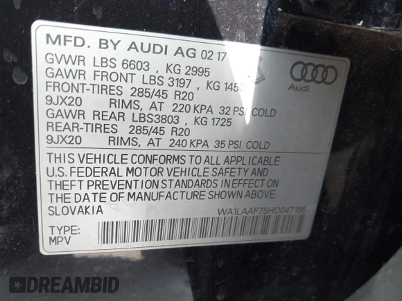 2017 Audi Q7 Premium Plus with VIN WA1LAAF75HD047186, listed as a IAAI auction lot 42280297 with 85,492 mi miles and . Bid and sale history available at DreamBid. Image 9.