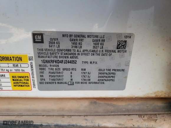 2015 Chevrolet Traverse LS with VIN 1GNKRFKD4FJ244052, listed as a Copart auction lot 51437555 with 0 mi miles and Salvage Title. Bid and sale history available at carsss.com. Image 14.