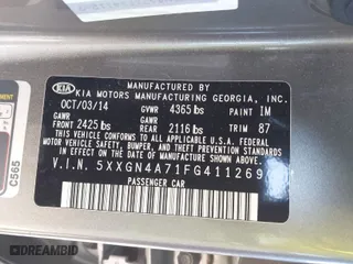 2015 Kia Optima EX with VIN 5XXGN4A71FG411269, listed as a IAAI auction lot 41856582 with 122,581 mi miles. Bid and sale history available at carsss.com. Image 9.