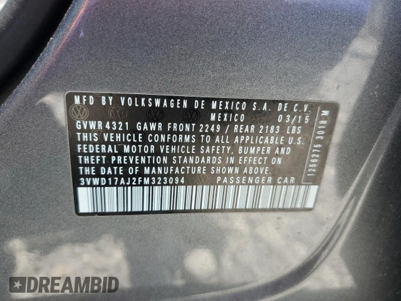 2015 Volkswagen Jetta SE with VIN 3VWD17AJ2FM323094, listed as a Copart auction lot 60304265 with 115,540 mi miles and Salvage title. Bid and sale history available at DreamBid. Image 12.