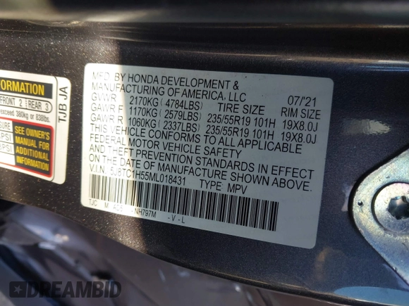 2021 Acura RDX Technology with VIN 5J8TC1H55ML018431, listed as a IAAI auction lot 41719700 with 12,767 mi miles and . Bid and sale history available at DreamBid. Image 9.