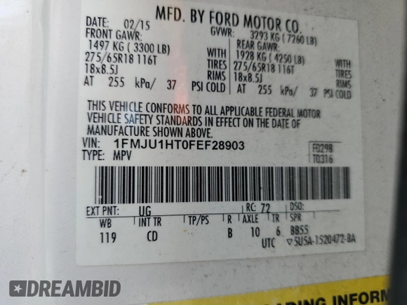 2015 Ford Expedition XLT с VIN 1FMJU1HT0FEF28903, выставлен на аукционе Copart как лот 56361275 с пробегом 119 971 миль миль и Списание • Salvage title. История ставок и продаж доступна на DreamBid. Изображение 13.