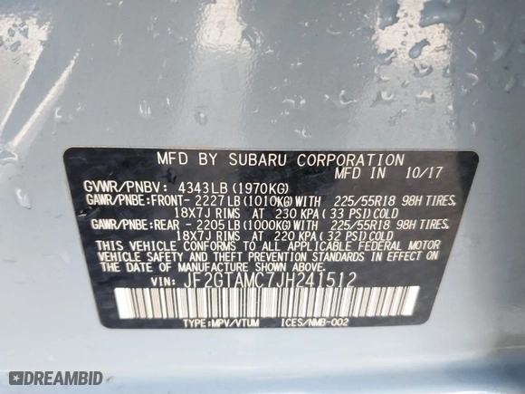 2018 Subaru Crosstrek Limited with VIN JF2GTAMC7JH241512, listed as a IAAI auction lot 41115372 with NaN miles. Bid and sale history available at carsss.com. Image 9.