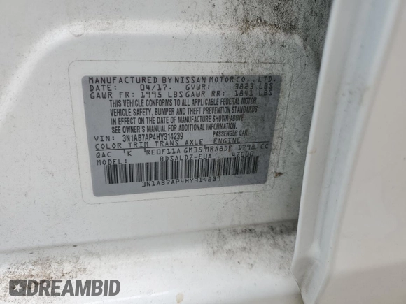 2017 Nissan Sentra SV with VIN 3N1AB7AP4HY314239, listed as a Copart auction lot 59296545 with 84,171 mi miles and Salvage title. Bid and sale history available at DreamBid. Image 12.
