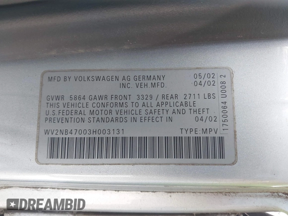 2003 Volkswagen EuroVan MV with VIN WV2NB47003H003131, listed as a IAAI auction lot 42157821 with 166,159 mi miles and . Bid and sale history available at DreamBid. Image 9.