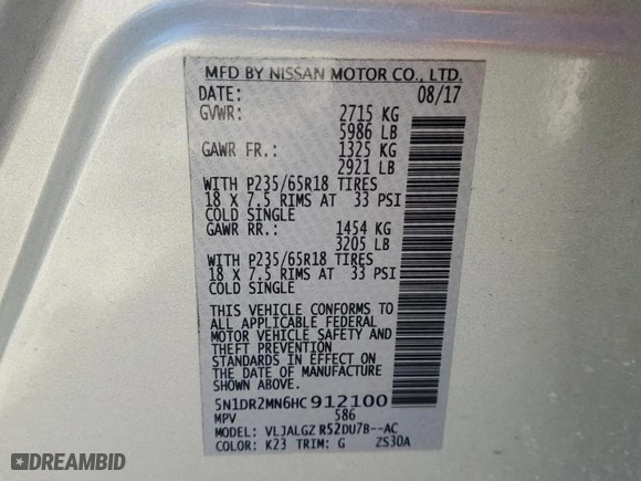 2017 Nissan Pathfinder SL with VIN 5N1DR2MN6HC912100, listed as a Copart auction lot 49237005 with 92,173 mi miles and Salvage Title. Bid and sale history available at carsss.com. Image 13.