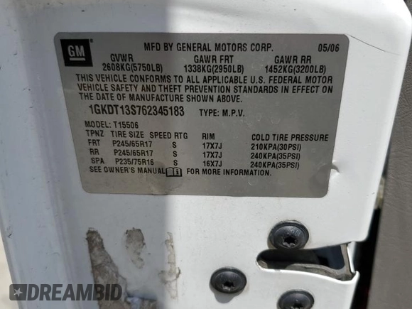 2006 GMC Envoy SLE z VIN 1GKDT13S762345183, wystawiony jako Copart lot #60096645 z przebiegiem 249 658 mil mil oraz Szkoda całkowita • Salvage title. Historia ofert i sprzedaży dostępna na DreamBid. Obrazek 13.