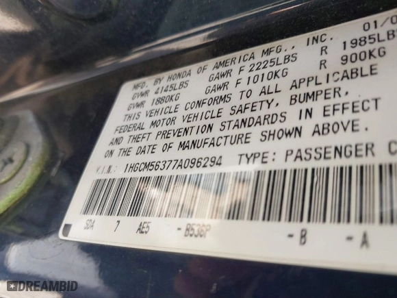 2007 Honda Accord Sdn LX SE with VIN 1HGCM56377A096294, listed as a IAAI auction lot 41842467 with 312,810 mi miles. Bid and sale history available at carsss.com. Image 9.