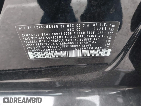 2013 Volkswagen Jetta SE с VIN 3VWDX7AJ2DM414183, выставлен на аукционе IAAI как лот 42489925 с пробегом 52 617 миль миль и . История ставок и продаж доступна на DreamBid. Изображение 9.