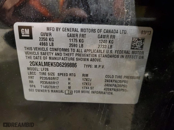 2013 GMC Terrain SLE with VIN 2GKALMEK5D6299886, listed as a Copart auction lot 80854374 with 168,607 mi miles and Salvage Title. Bid and sale history available at carsss.com. Image 13.