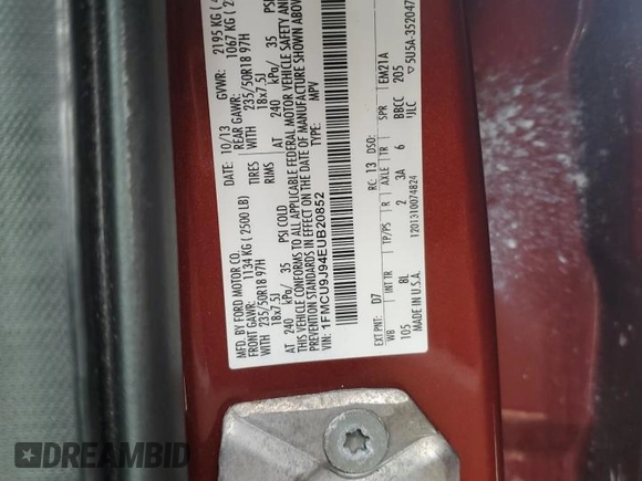 2014 Ford Escape Titanium with VIN 1FMCU9J94EUB20852, listed as a Copart auction lot 51412835 with 170,817 mi miles and Salvage Title. Bid and sale history available at DreamBid. Image 13.