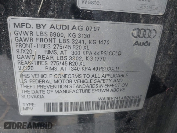 2008 Audi Q7 4.2L Premium with VIN WA1BV74L48D010147, listed as a IAAI auction lot 42063353 with 214,409 mi miles. Bid and sale history available at carsss.com. Image 9.