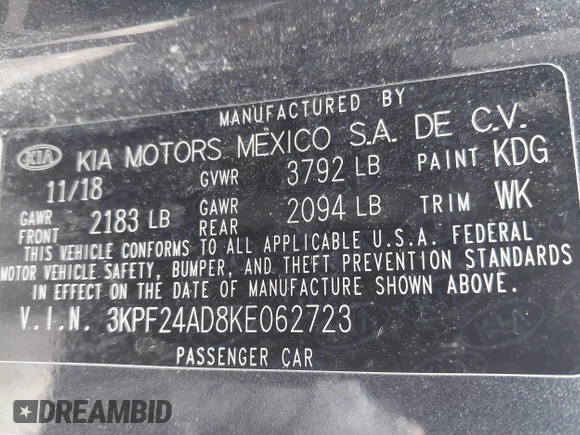 2019 Kia Forte LXS with VIN 3KPF24AD8KE062723, listed as a IAAI auction lot 42511450 with 47,925 mi miles and . Bid and sale history available at DreamBid. Image 9.
