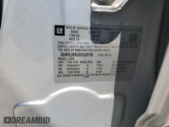 2013 Chevrolet Captiva Sport LT with VIN 3GNFL3EK0DS528169, listed as a Copart auction lot 65142074 with 148,569 mi miles and Salvage Title. Bid and sale history available at DreamBid. Image 16.