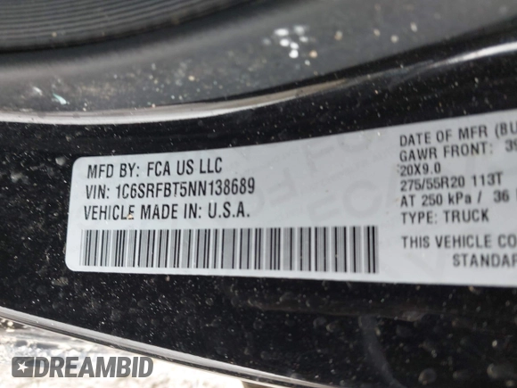 2022 Ram 1500 Big Horn с VIN 1C6SRFBT5NN138689, выставлен на аукционе IAAI как лот 42007451 с пробегом 55 504 миль миль и . История ставок и продаж доступна на DreamBid. Изображение 9.