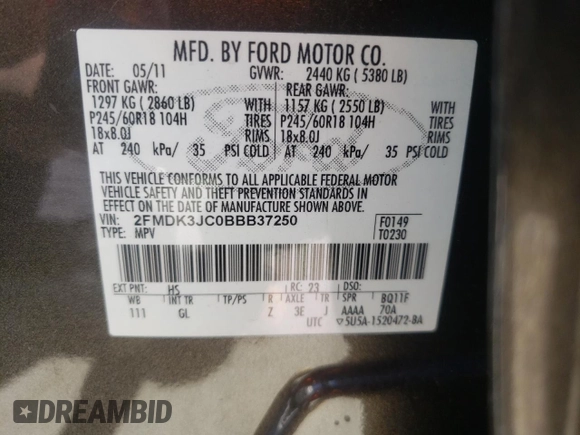 2011 Ford Edge SEL with VIN 2FMDK3JC0BBB37250, listed as a Copart auction lot 48635685 with 117,693 mi miles and Salvage Title. Bid and sale history available at carsss.com. Image 14.