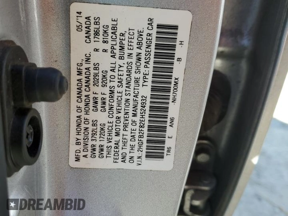 2014 Honda Civic Sedan EX with VIN 2HGFB2F82EH524932, listed as a Copart auction lot 48226465 with 203,561 mi miles and Salvage Title. Bid and sale history available at carsss.com. Image 14.