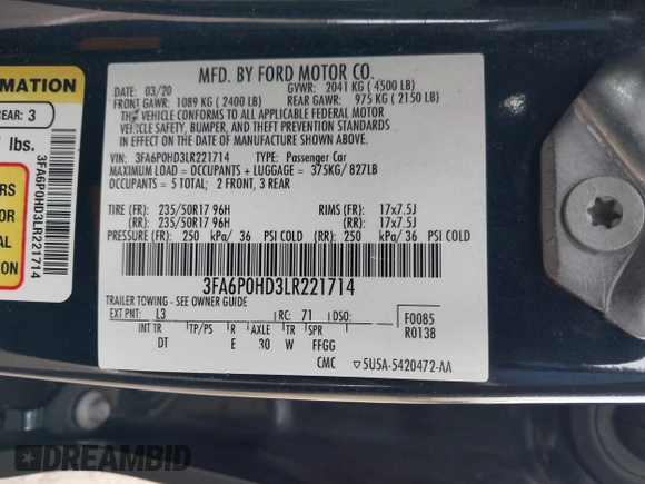 2020 Ford Fusion SE with VIN 3FA6P0HD3LR221714, listed as a IAAI auction lot 41654905 with 95,733 mi miles. Bid and sale history available at carsss.com. Image 9.